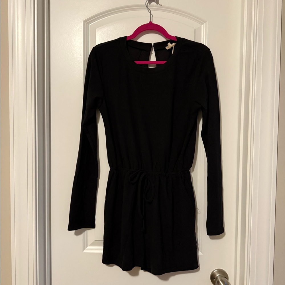 Hem & Thread Black Long Sleeve Romper with Tie Waist
